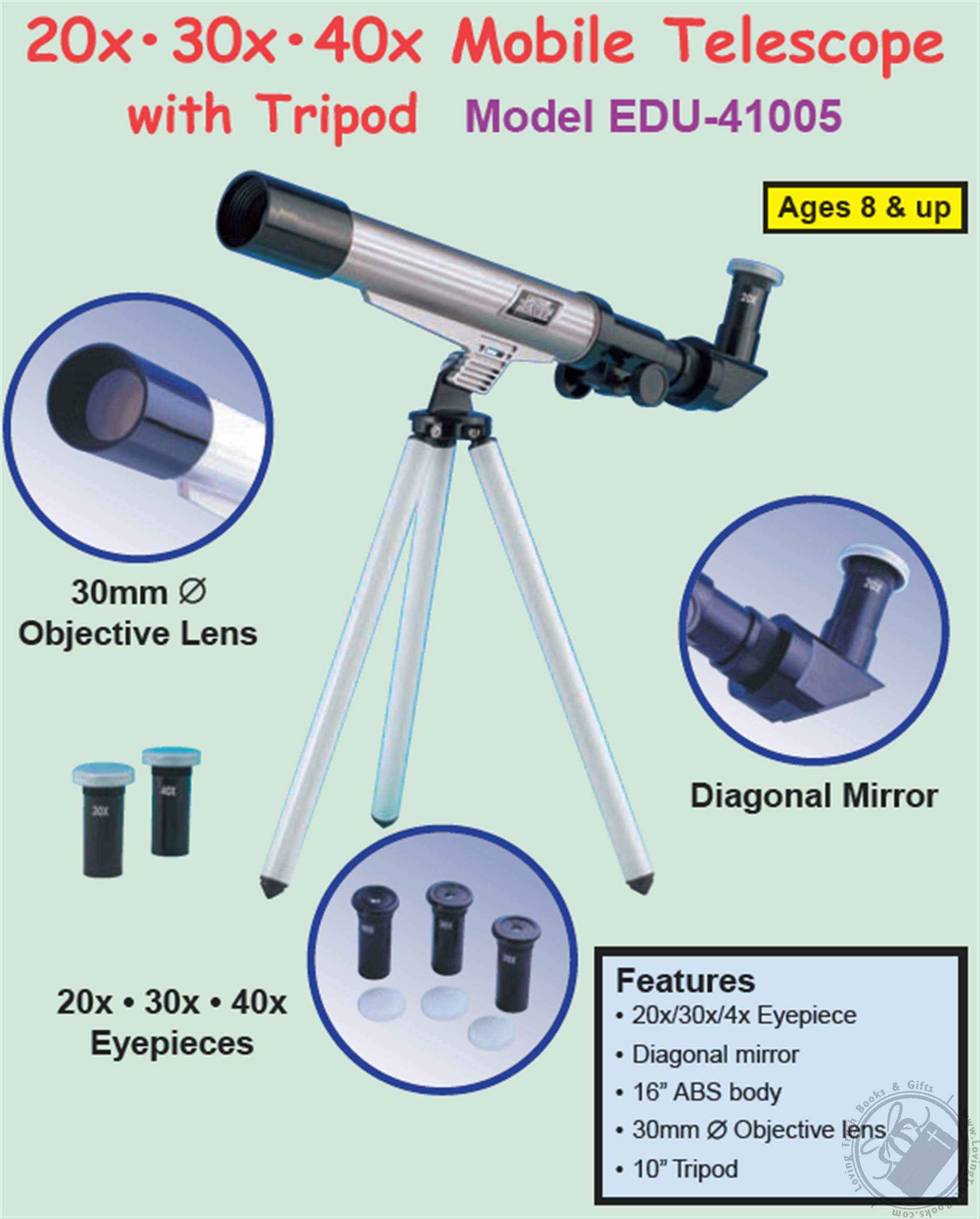 EduToys Portable Astronomical Telescope (20x 30x 40x Power) Ages 8 and