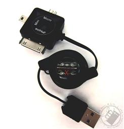 3-in-1 USB 2.0 Retractable Charging / Sync Cable with: 30-Pin Connector (iPhone / iPad / Tablets), USB Type Mini B (Digital Cameras, Phones, GPS, etc), USB Type Micro B (Amazon Kindle, Digital Cameras, etc) (2.5