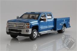 2018 Chevy Silverado 3500 Dually Service Bed w/ Hitch, 1:64 Scale Diecast Model (Deep Blue),Greenlight Collectibles 