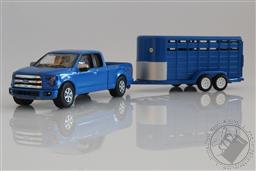 2016 Ford F-150 Pickup Truck & Blue Livestock Trailer, Hitch & Tow 1:64 Scale Diecast Model F150,Greenlight Collectibles 