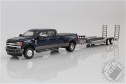 2018 Ford F-350 King Ranch Dually Pickup Truck, With Car Hauler Trailer 1:64 Scale Diecast Model F350 (Blue Jeans),Greenlight Collectibles 