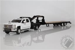 2018 Chevy 3500 HD Dually White Cab with Black Flatbed and Gooseneck Trailer Pickup Truck 1:64 Scale Diecast Model,Greenlight Collectibles 