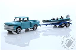 1965 Chevy Stepside Pickup in Light Turquoise, Blue, and White with Bass Boat and Trailer,Johnny Lightning