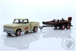 1965 Chevy Stepside Pickup Truck in Pale Beige, Orange, and Black with Bass Boat and Trailer,Johnny Lightning