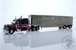 Peterbilt Model 389 with Sleeper in Pink and Black and Wilson Silverstar 2 Axle Livestock Trailer,Die Cast Promotions